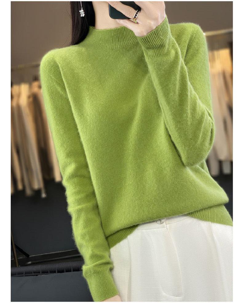 Women's Half-High Neck Wool Sweater Pullover - Loose Fit, Autumn/Winter Knitwear