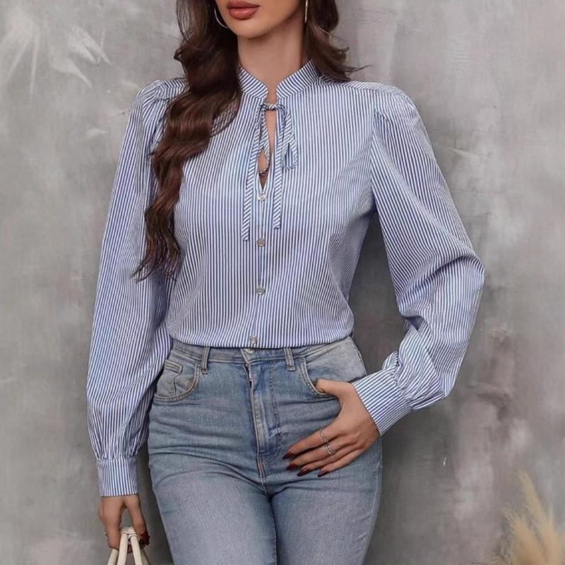 Fashion V-neck Lace-up Striped Women Long Sleeved Shirt Button-up Loose Elegant Casual Office Blouse Spring Autumn Simple Streetwear Women Clothing