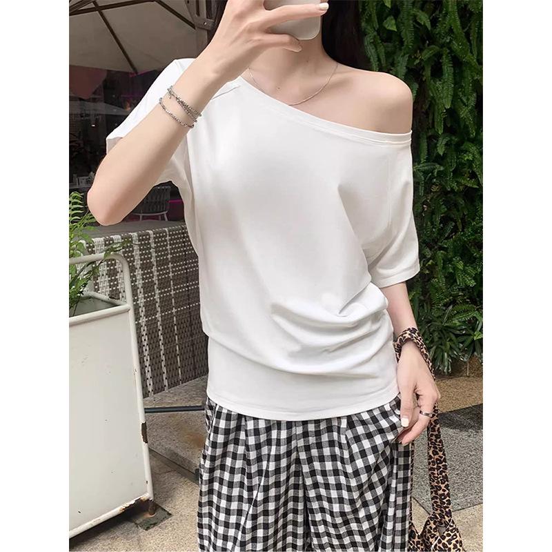 Gray Pure Cotton Off-Shoulder Long-Sleeve Women's T-Shirt - Loose Fit, Spring/Autumn Stylish and Sexy Top