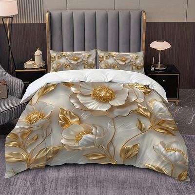 3-teiliges goldenes Quilt-Set mit goldenem Rand und Blumenmuster (1 Bettbezug + 2 Kissenbezüge, ohne Füllung) Weiße 3D-Schnitzserie High Definition
