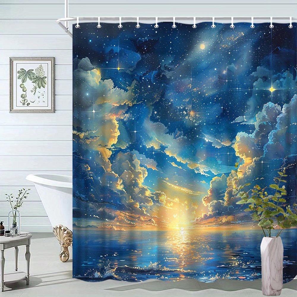 Sunset Scenery Shower Curtain - Starlight & Clouds Intertwined, Natural Landscape, Polyester Bathroom Decor, 12 Hooks