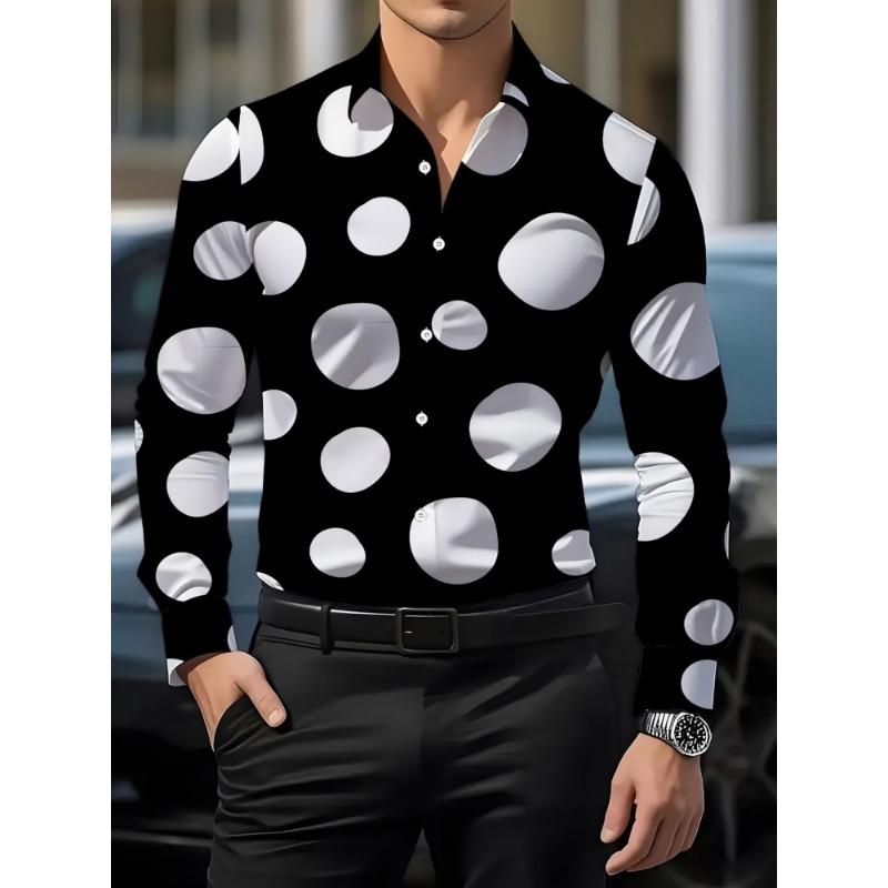 Camisa de Manga Larga con Lunares Grandes para Hombre, Camisa de Negocios con Cuello, Top Versátil Casual Europeo y Americano para Hombre