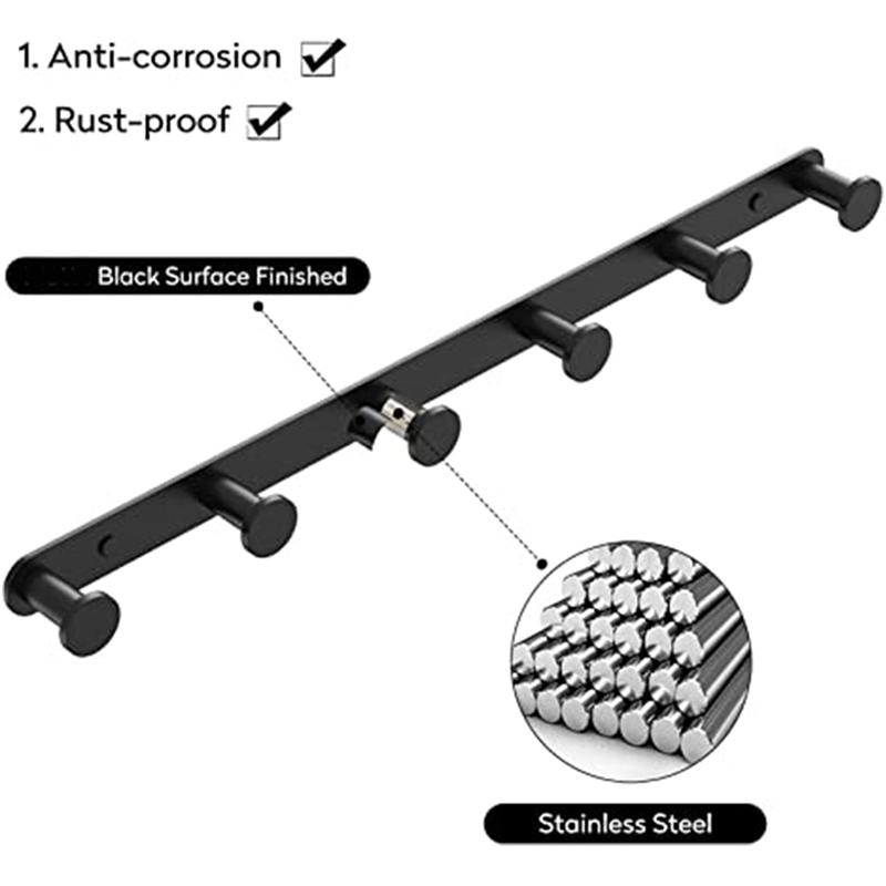 Black Towel Hook, Bathroom Wall Hook Rack with 6 Hooks Bedroom Coat Hook Kitchen Robe Hanger Wall Mount