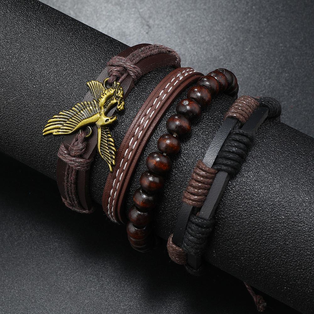 

Hip Hop Trend Wood Bead Bracelet PU Leather Eagle Alloy DIY Bracelet 4-piece Set Hand-woven Multi-layer Leather Bracelet