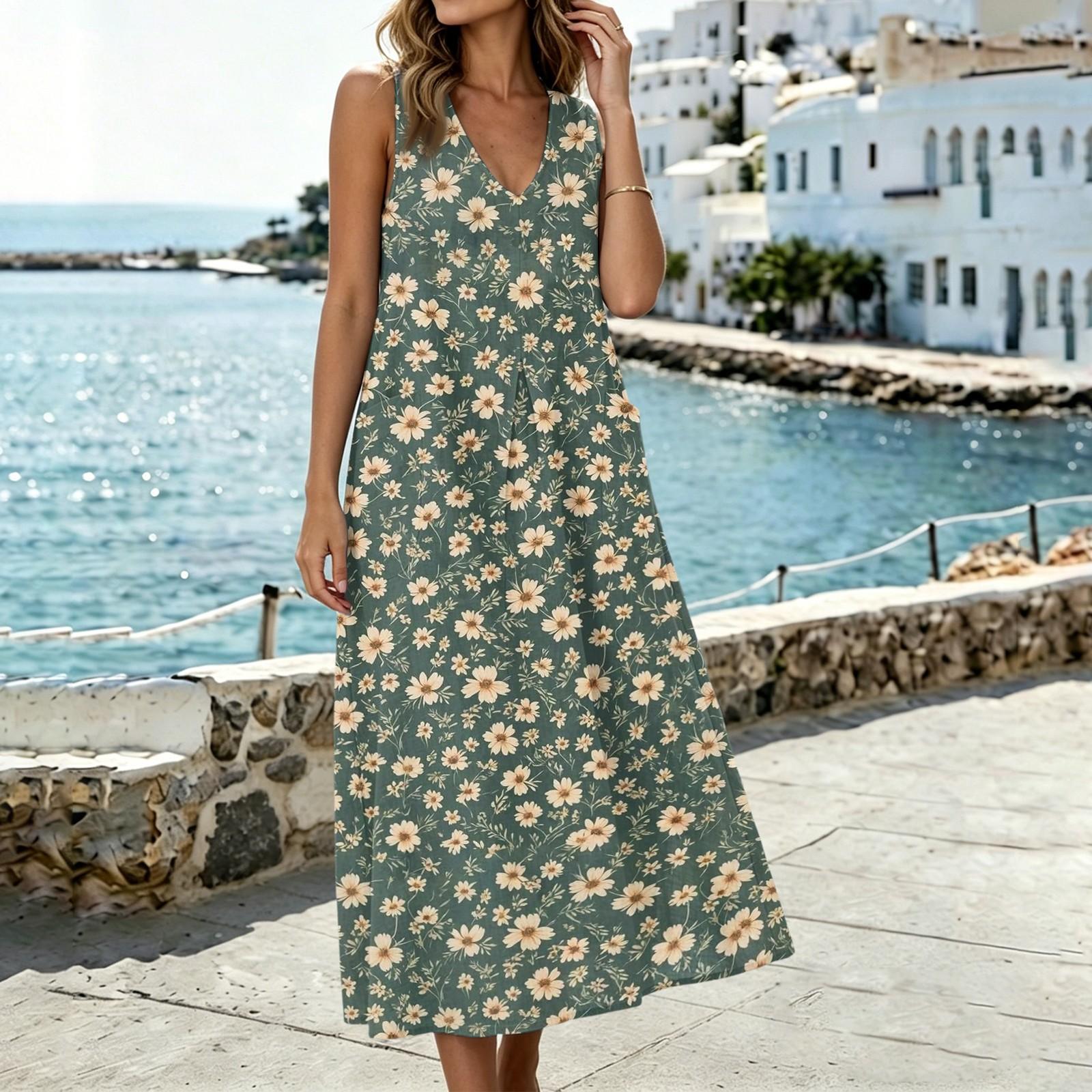 

Women’s Sleeveless U Neck Cotton Linen Dress with Pockets and Side Slit Floral Print Loose Fit for Casual and Daily Wear XL