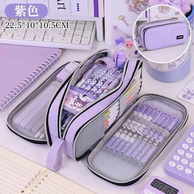 3 Compartment Pouch Double Side Opened Student Stationery Desk Organizer Makeup Bag Kawaii Pencil Case Large Space Storage