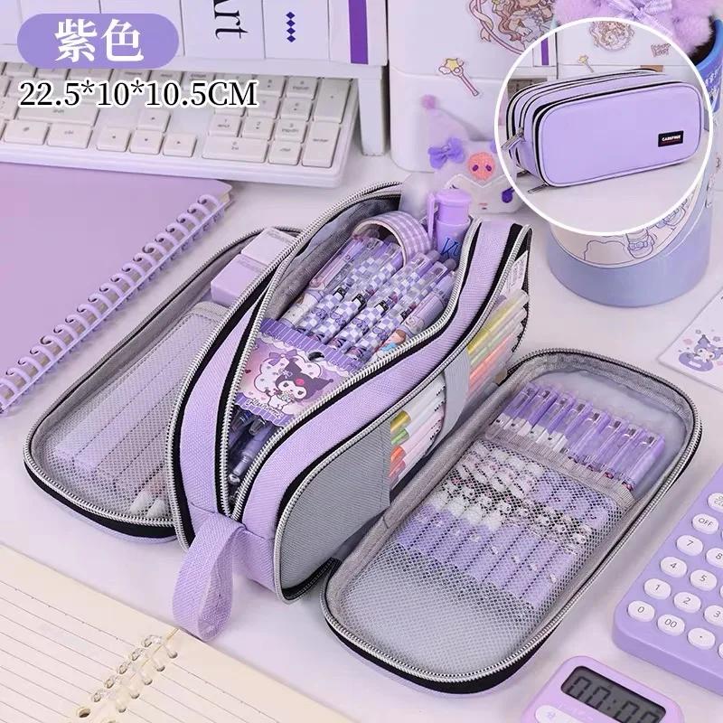 3 Compartment Pouch Double Side Opened Student Stationery Desk Organizer Makeup Bag Kawaii Pencil Case Large Space Storage