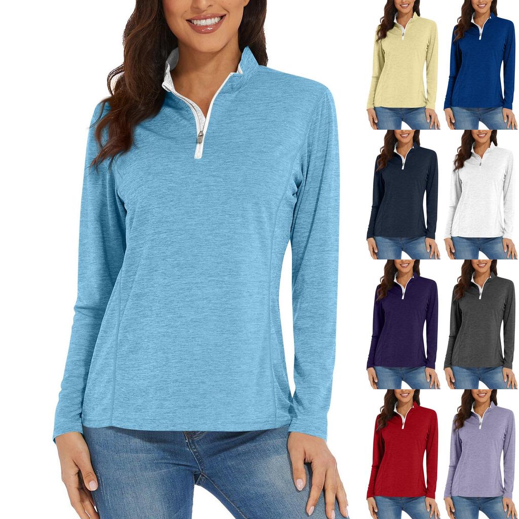Women's Casual Fashion Solid Color Long Sleeve Zipper Neck Top T-shirt