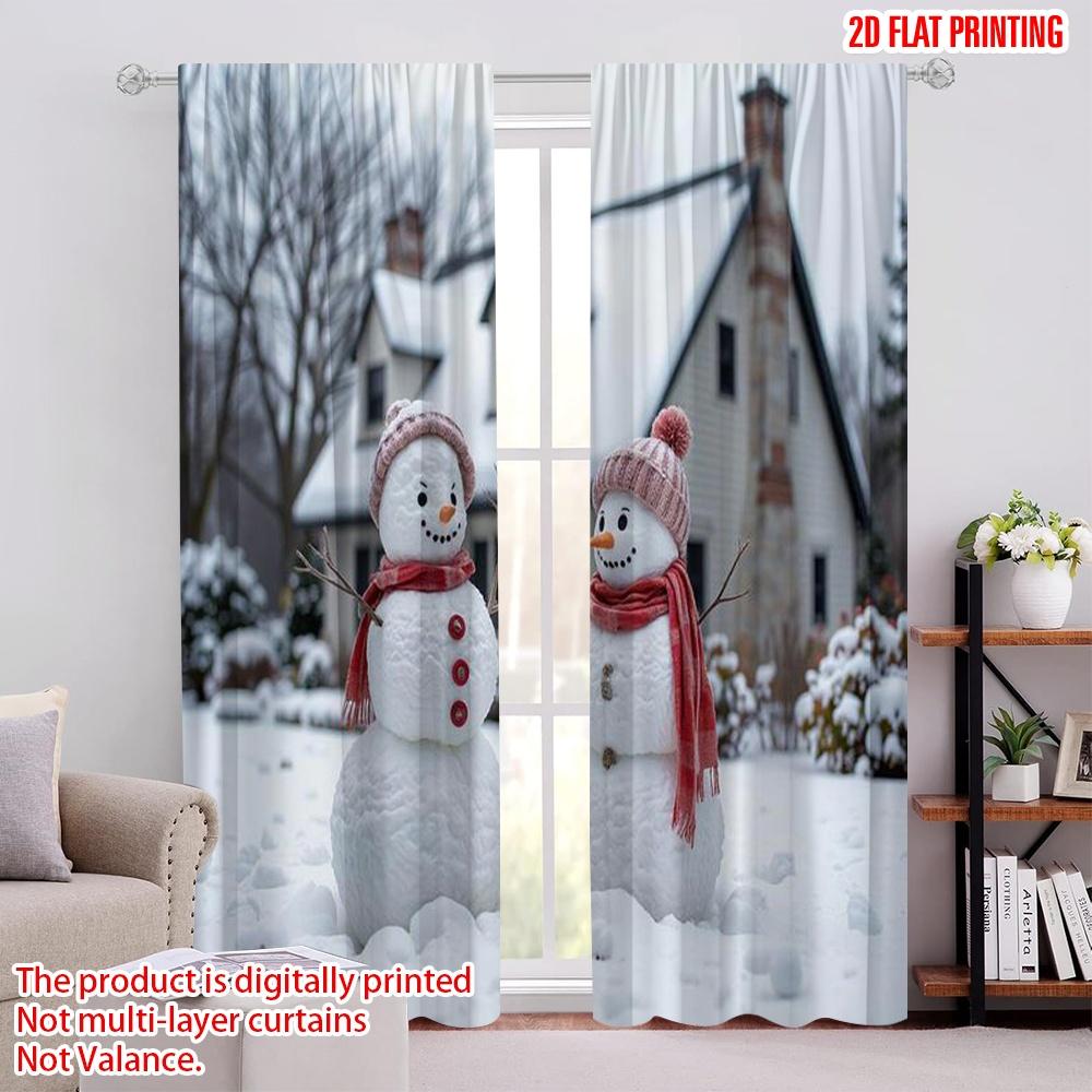 

Flat Printing Merry Christmas Window Drapes Hut Snow Scene Watercolor Durable Polyester Without Curtains Set Of 2 Made W100*H70(CM)-Hooks&2PCS