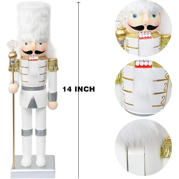 FUNPENY 14" Christmas Decorative Nutcracker Figures, Handmade Wooden Soldier In White Uniform Hold Scepter, Festive Collectible Nutcracker Gift for