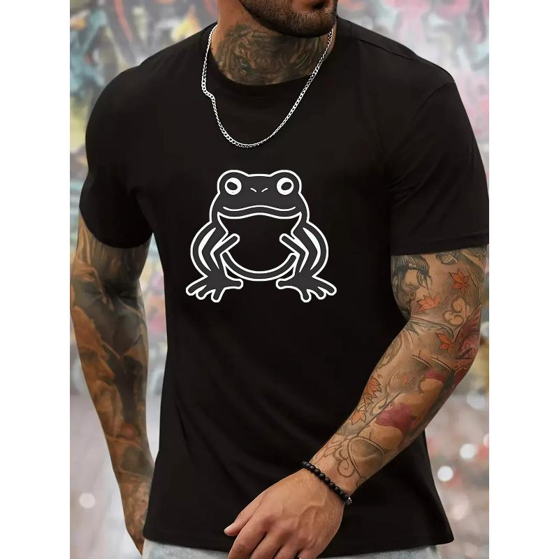 

European sizes 1pc Men S Summer Casual Short Sleeve T-Shirt with Frog Print, Round Neck, Polyester Knit Fabric, Regular Fit, Adult - Black/Grey/Blue 4XL чорний
