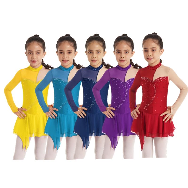 Girls Dance Dress Long Sleeve Round Neck Patchwork Design Hollow Back Rhinestone Detail Skating Costume