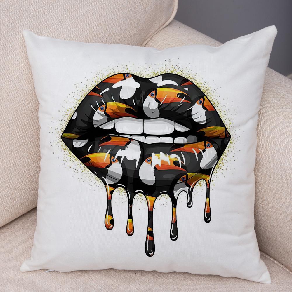 Bold Lip Art Pillowcase Double Print Leopard Pattern Cushion Cover Soft Plush Vibrant Design Pillow Case for Sofa Home Car