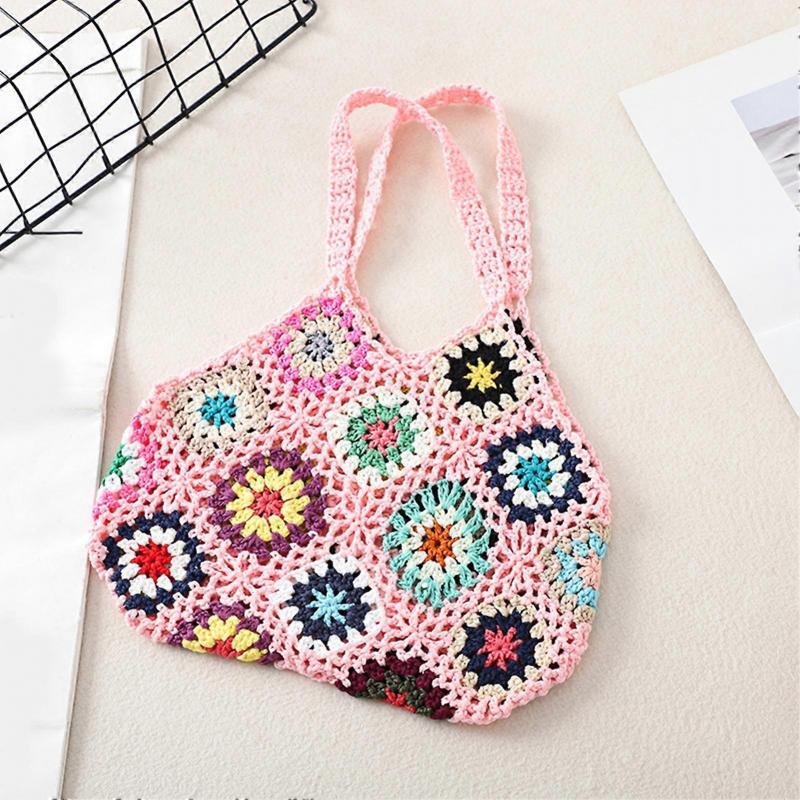 Women Tote Bag Floral Crochet Large Capacity Handmade Vintage Multicolor Hollow Out Handbag for Travel