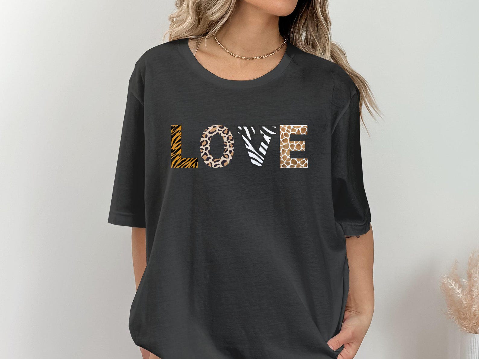 Animal Print LOVE T-Shirt, Wild Animal Pattern Lettering Tee, Safari Inspired Graphic Tee, Cute Safari Themed Shirt, Unique Gift Apparel L