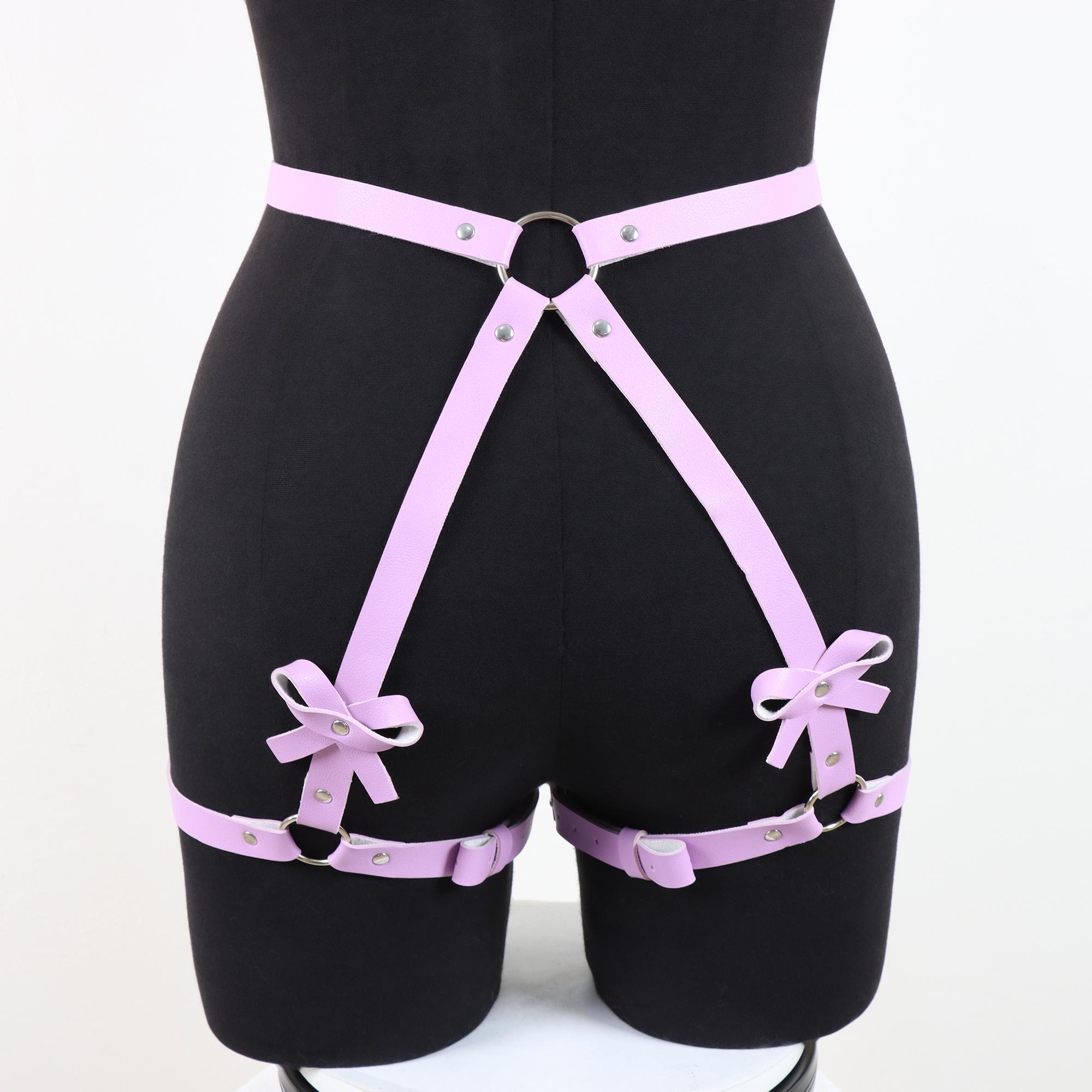

Women s Purple Pu Leather Bowknot Garter Belt Sexy Harness Waist Cincher Punk Style Thin Waist Belt