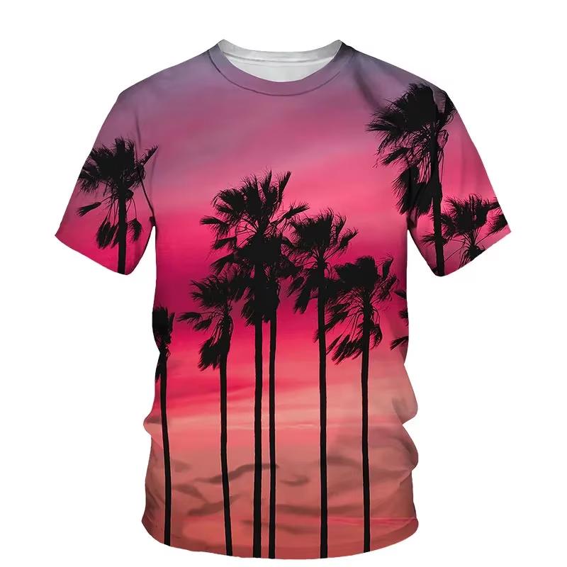 Coconut Plant 3D Printing T-shirts Vacation Sunset Short Sleeves Outdoor Street Summer Round Neck Men's and Women's Unisex T-shirts