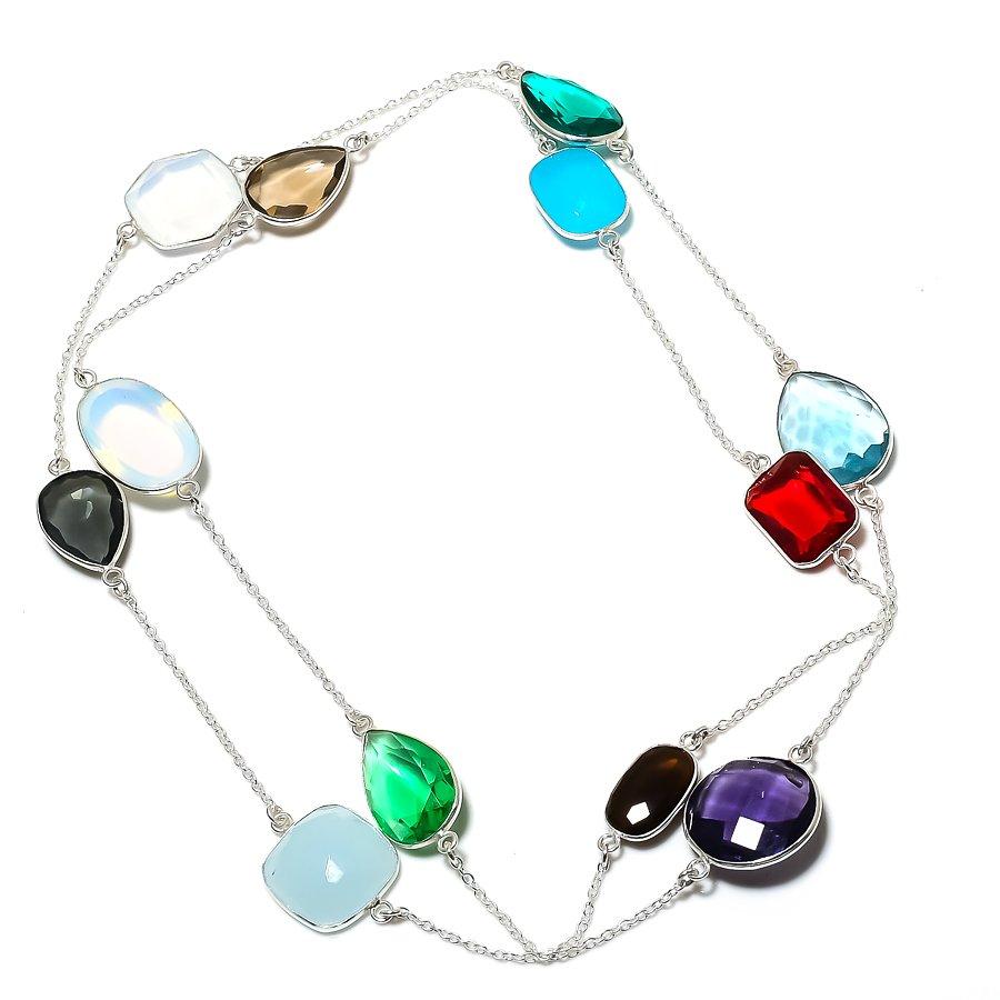 

Natural Tsavorite, Chalcedony 925 Sterling Silver Jewelry Necklace 36 I8m17