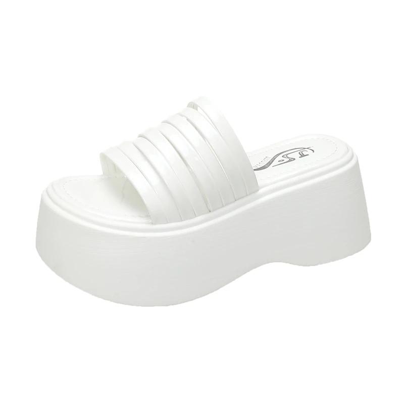 Fashion 7.5CM High quality Summer women's Thick soled white High-heel Sandals women's slope heel square toe slippers Women's Slippers