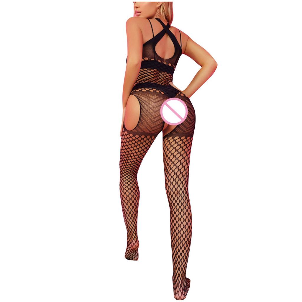 Women's High Elastic Hollow Fishnet Sexy Solid Color Erotic Lingerie Pajamas