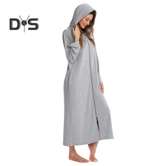 Nachthemd mit Reißverschluss für Damen, lange Ärmel, lockere, reine Farbe, mit Taschen, wadenlange Loungewear mit Kapuze, für den Alltag, für zu Hause, im Schlafzimmer