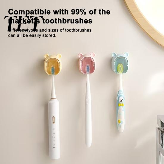 Wall Mounted Toothbrush Holder Cute Bear with Dustproof Flip Cover, Single Electric Organizer Dispenser Storage Organizer, Drill-free Electric/Manual