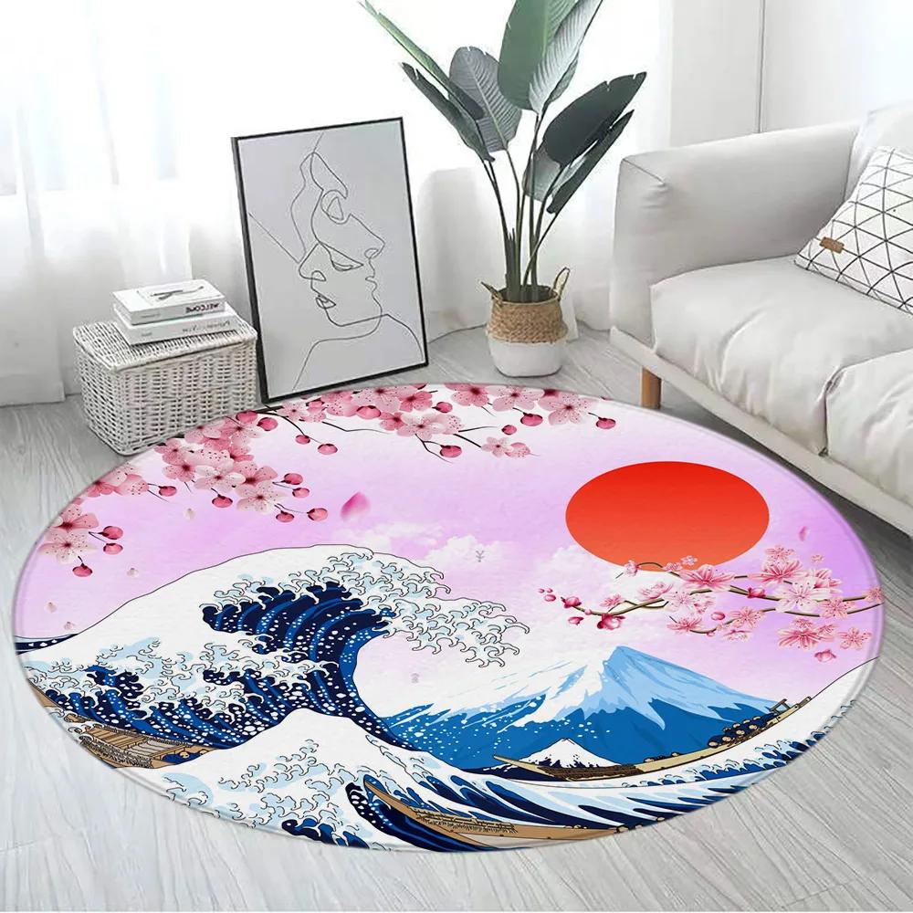 Japanese Style Round Carpet Mountain Cherry Blossom Koi Octopus Lotus Sea Waves Ink Art Living Room Home Decor Mats Floor Rugs