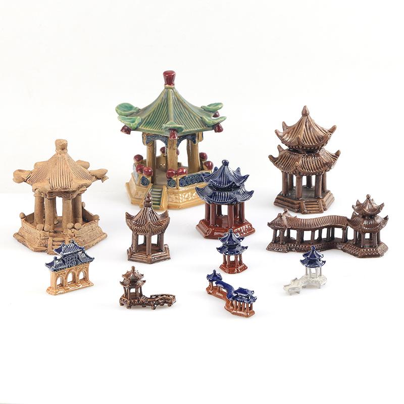 Akvárium Krajina Dekorace: Kamenná skalka absorbující vodu a ozdoba z keramického pavilonu na bonsai