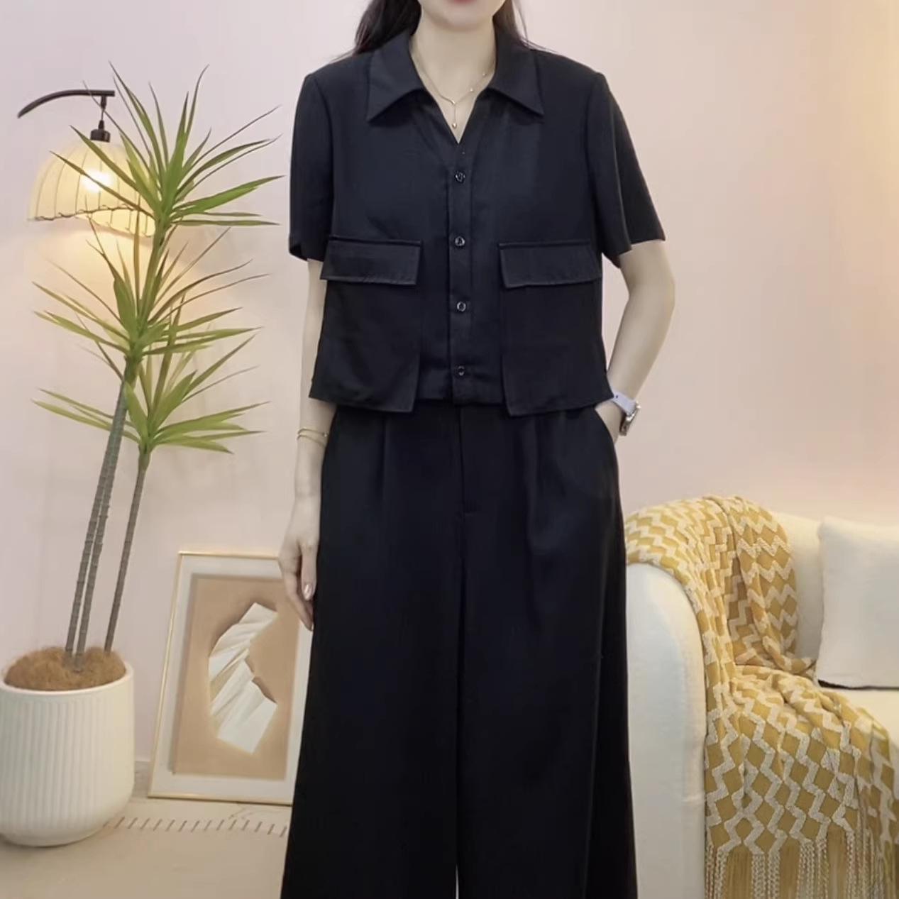 

2026 Summer Fashion: Versatile Solid Color Long Sleeve Top & Two-Piece Pants Set M (45-55 kg) чорний