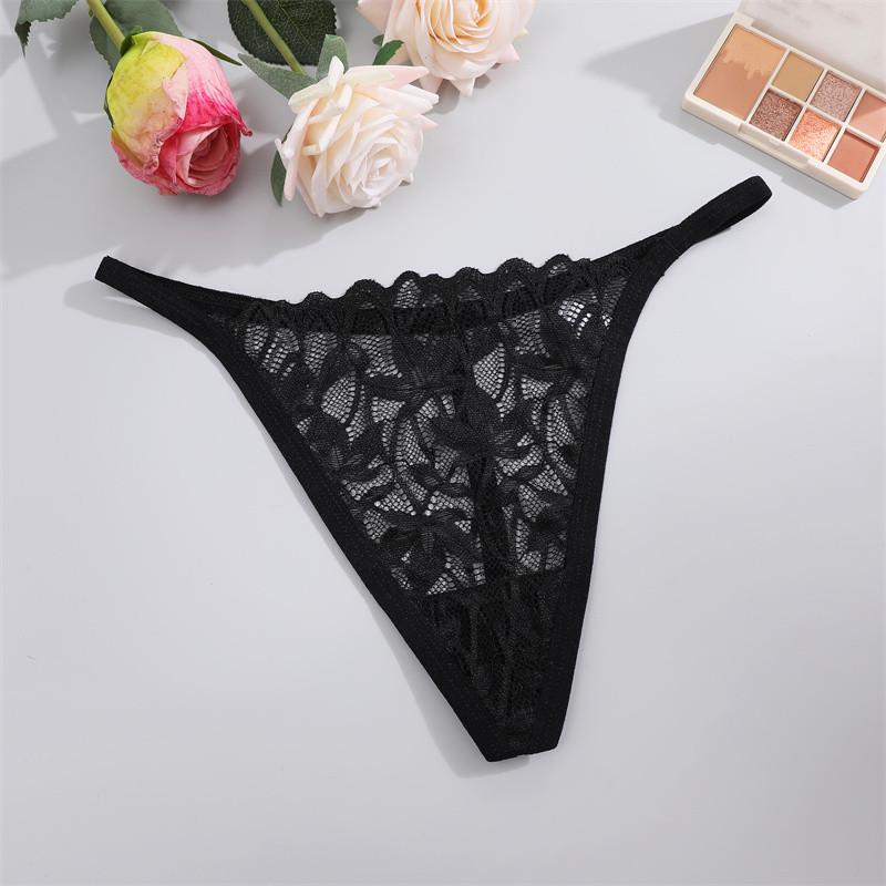 FINETOO Lace Thong For Women Sexy T-back Panty Solid Color Lingerie Floral Underwear