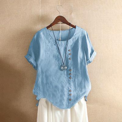 Women's Cotton And Linen Tops Large Size Casual Loose Summer Solid Color Printing Cotton And Linen T-shirt