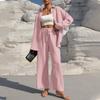 Women's Fashion Solid Color Long Sleeved Button Cardigan Top Elastic Waist Casual Pants Two-piece Set
