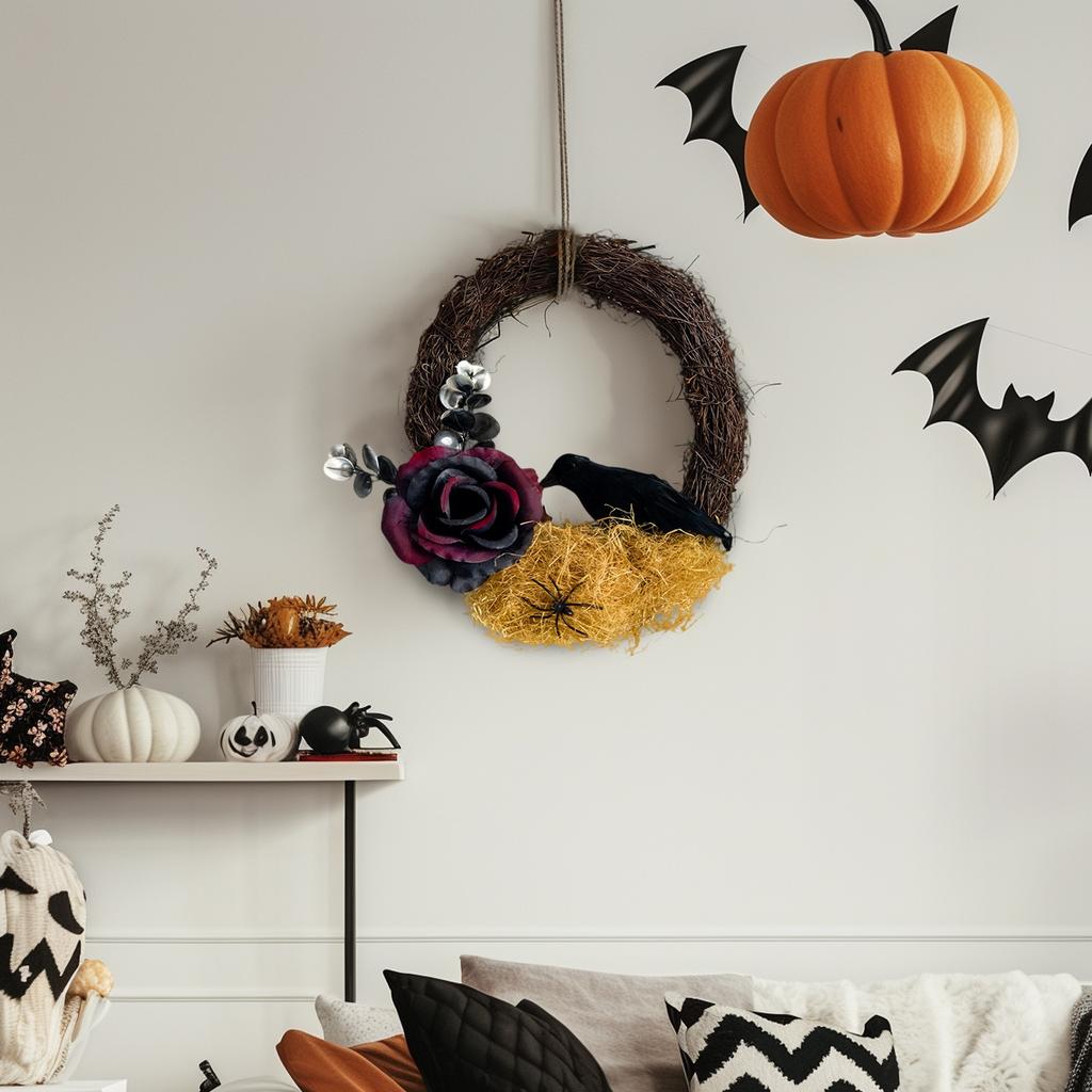 Halloween Dead Branch Rose Wreath For Front Door Crow Wreath Gothic Garland Creepy Porch Window Indoor Outdoor Halloween Decor