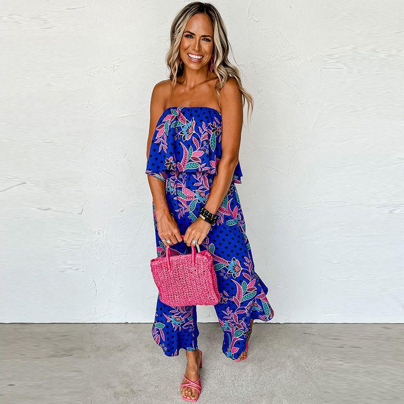 

Fashion Special-Interest Design Chest Wrap Sleeveless Leotard Female 2024 Summer New Arrival Trendy Print Tube Top Jumpsuit Dark blue P520 Size XL fit (70.00 kg-75.00 kg