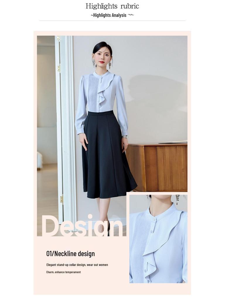 2024 Elegant White Chiffon Blouse - Women's Slimming Long Sleeve Shirt for Spring & Autumn