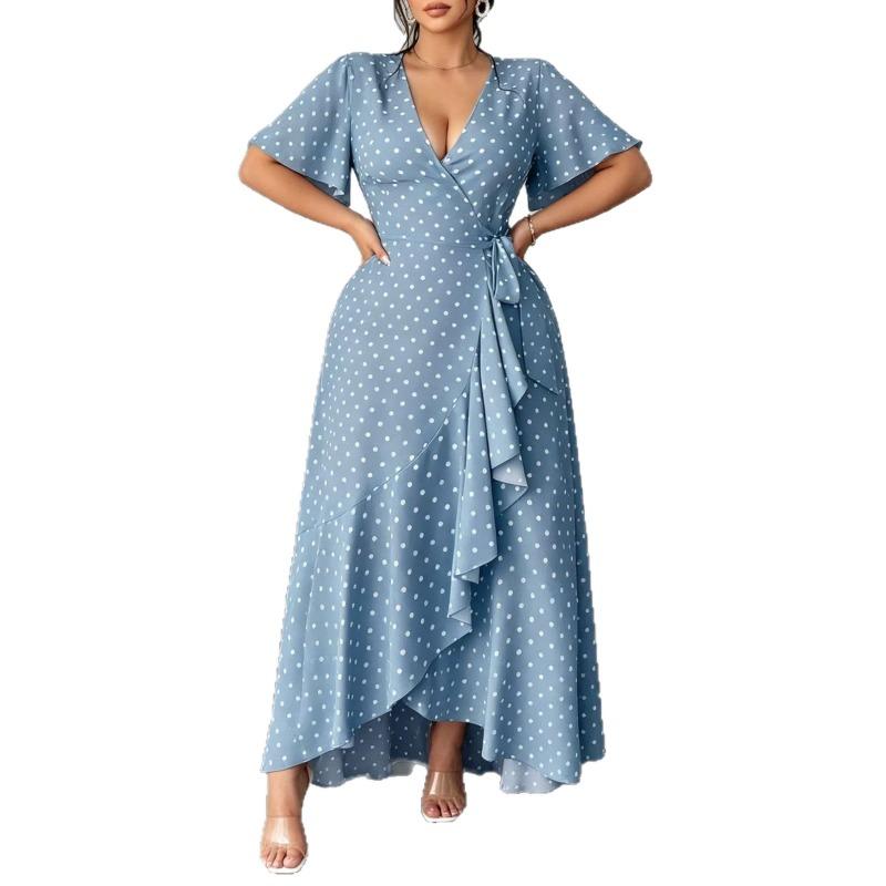 Robe Mi-longue A-line à Pois et Lacets pour Femme Grande Taille, Col en V