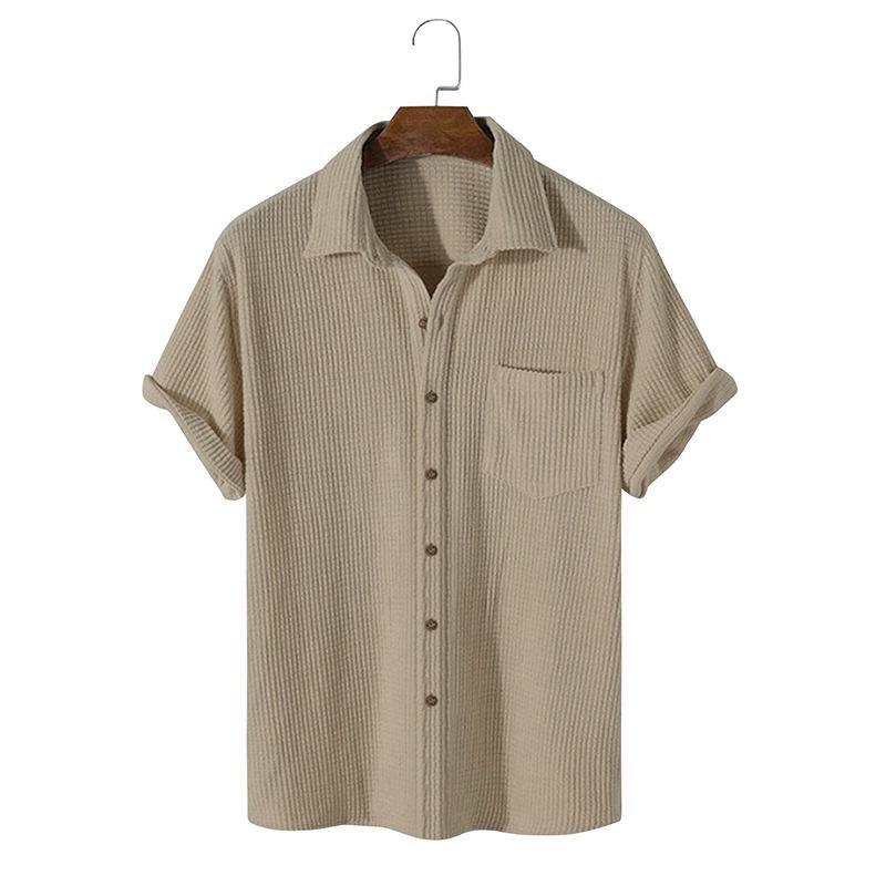 Men's 2025 Summer Waffle Solid Color Single-Breasted Turn-Down Collar Shirt