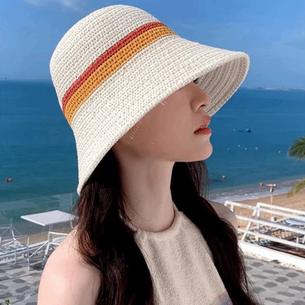 New Flat Brim Wide Brim Bucket Hat Contrast Stripes Casual Hollow Straw Cap UV Protection Breathable Sun Hat Beach Vacation