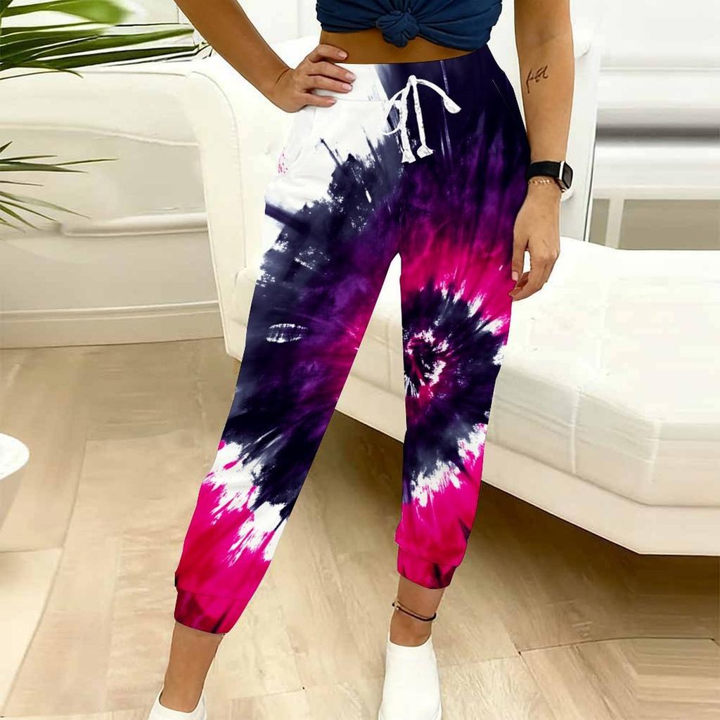 Summer Ladies Radiation Tie Dye Printed Sweatpants Loose Fit Drawstring Joggers Elastic Cuff Daily Casual Pants