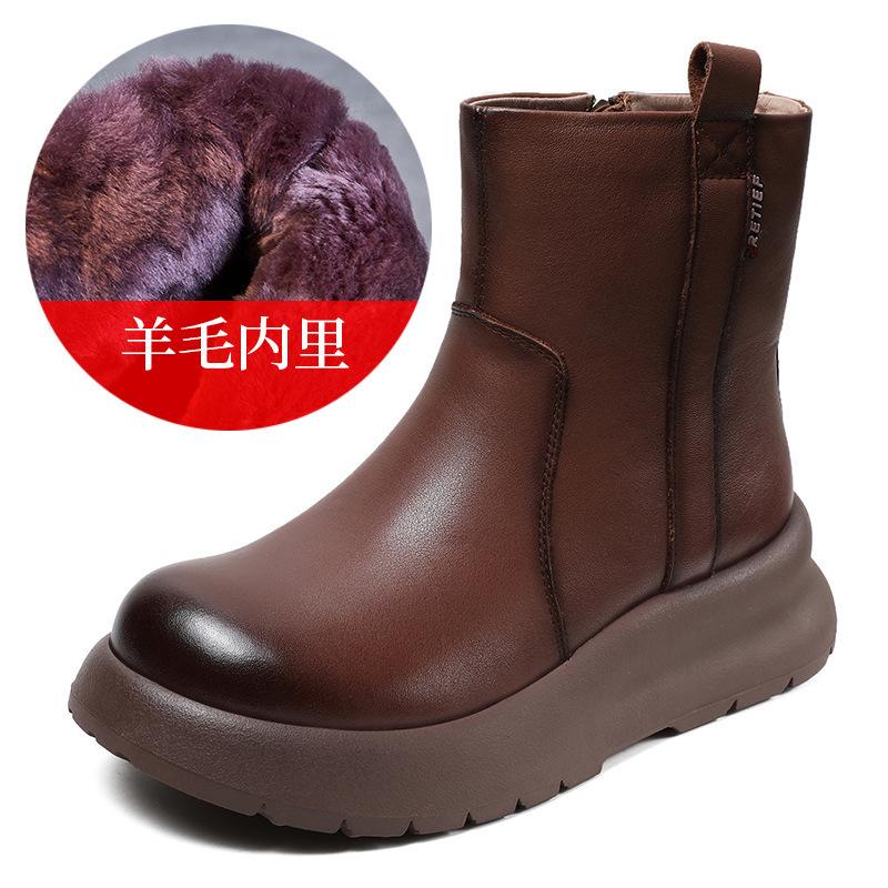 First Layer Cowhide Thick-soled Wool 23 Years Winter Velvet Thickened Mother Shoes Cotton Shoes Women's Medium Tube Leather Snow Boots Women