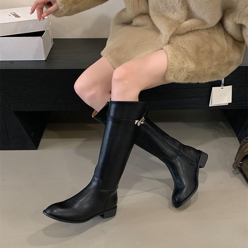 Silver buckle knight boots women's straight boots autumn and winter new solid color round head mid-heel sleeves knee-high boots