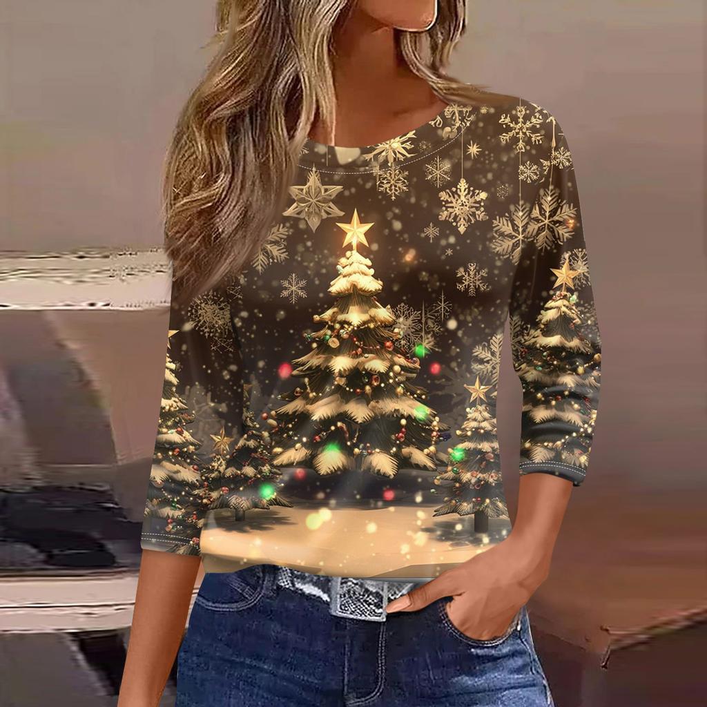 Women's Fashionable Casual Three Quarter Sleeve Christmas Printed Round Neck Top