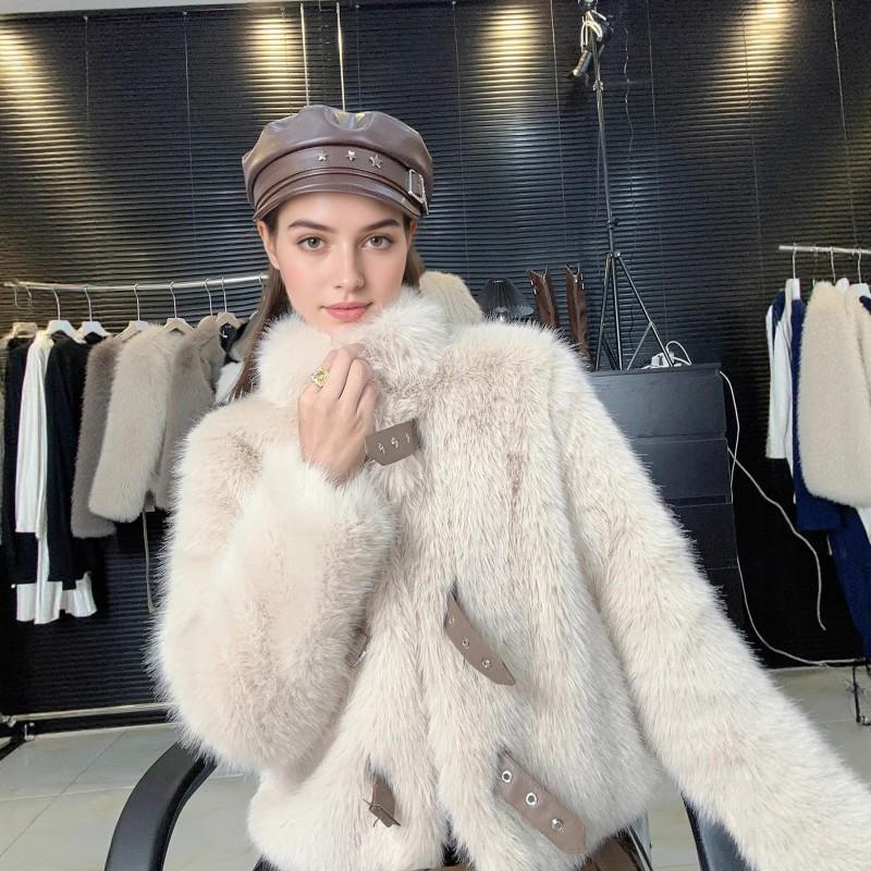 Womens Faux Fur Coat With Leather Trim Stand Collar Short Length Winter Outerwear In Beige Cocoa Black