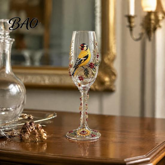 Bird Pattern Juice Glass Hand-painted Wine Glass, And Floral Design Stem Goblet, Artistic Water Goblets Crystal Borosilicate Goblet for Red