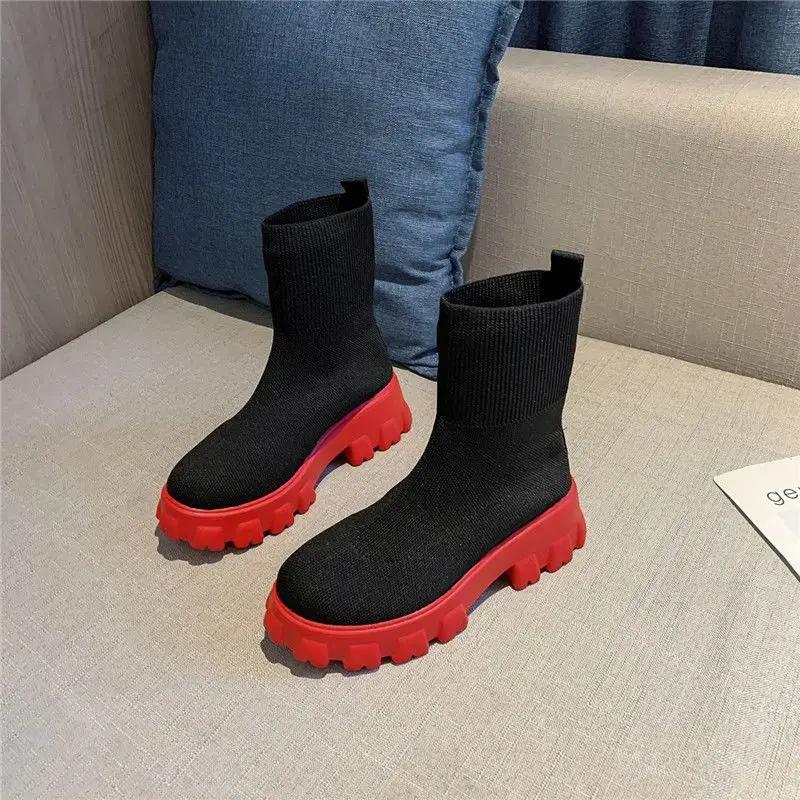 Mode Damen Kurze Schuhe Elegant Mit Mittelhohen Absätzen Klobige Stiefeletten Socke Koreanischer Stil Hohe Qualität Schick New Rock Stiefeletten für Damen