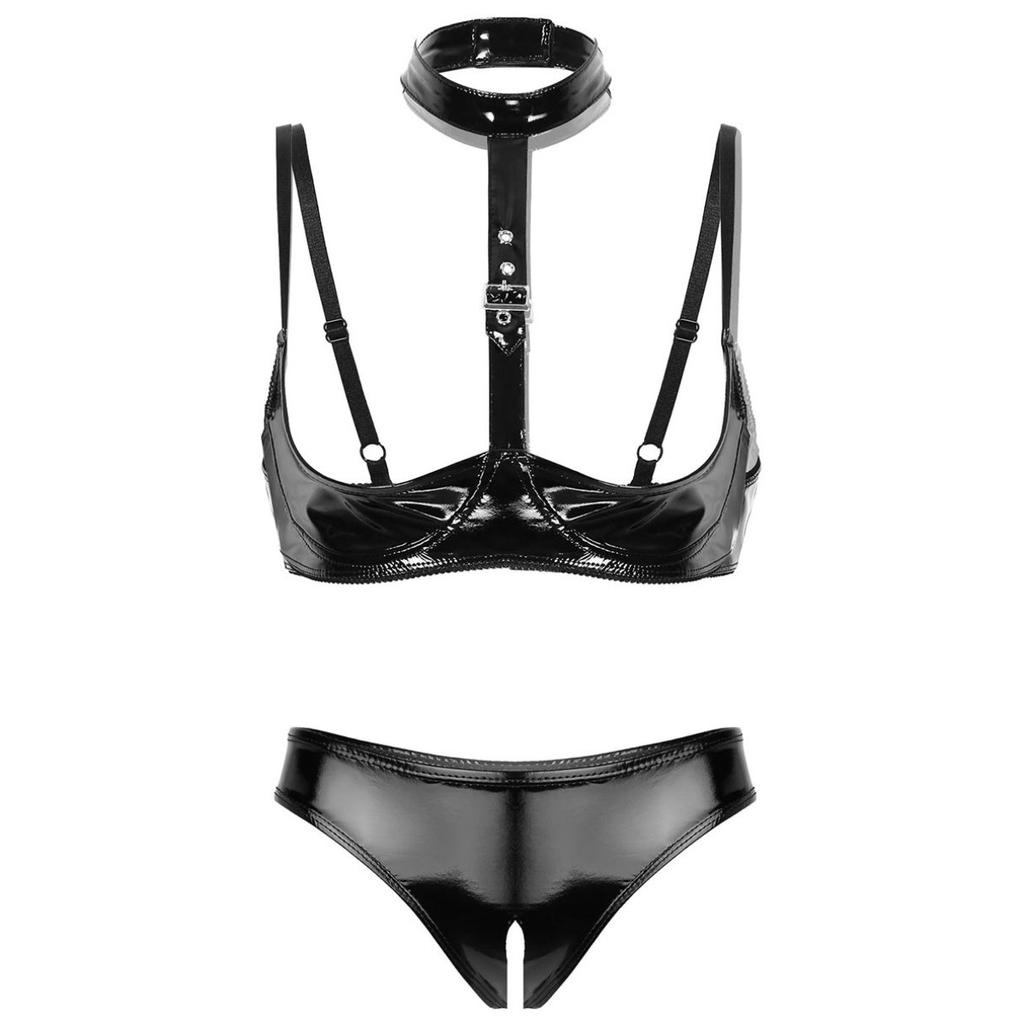 Women's Fashion Lingerie Set Patent Leather Wire-free Bra Top with High Cut Briefs Underwear Honeymoon Costume