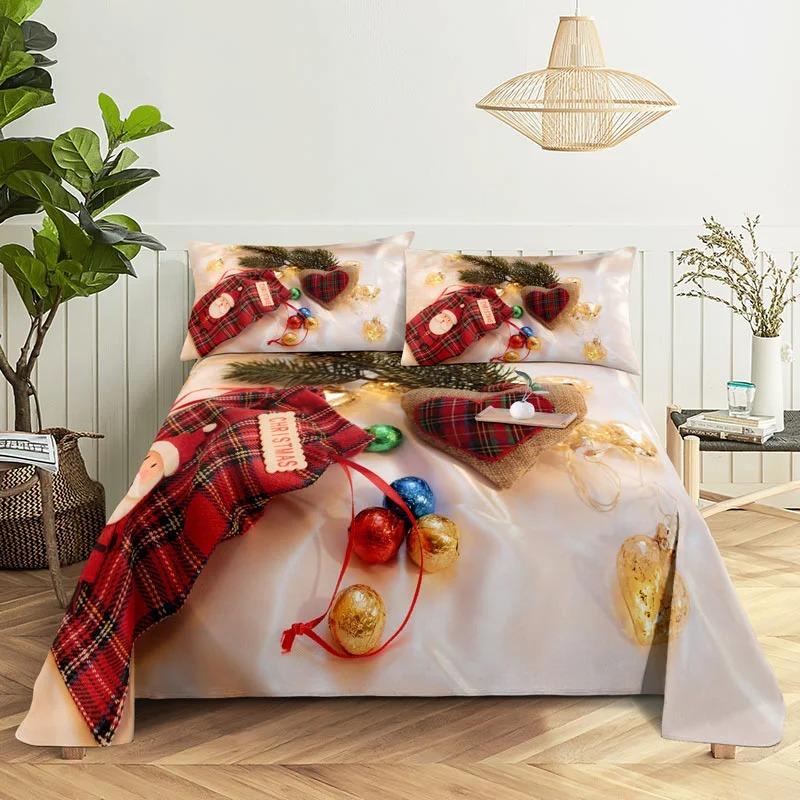 Merry Christmas Bed Sheet Set with Pillowcase 3D Print Santa Claus Home Decor New Year King Queen Full Size Red Bed Flat Sheet