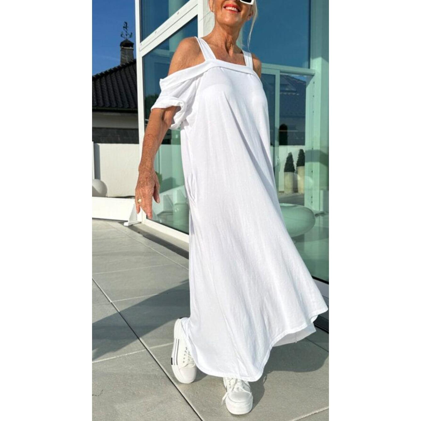 

women s Cold Shoulder Loose Pocket Maxi Dress Casual Long Slip Dress Summer Vacation Sundress XS белый