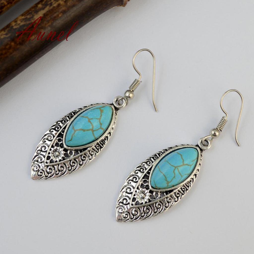 Artificial Turquoise Openwork Carved Drop Dangle Hook Earrings