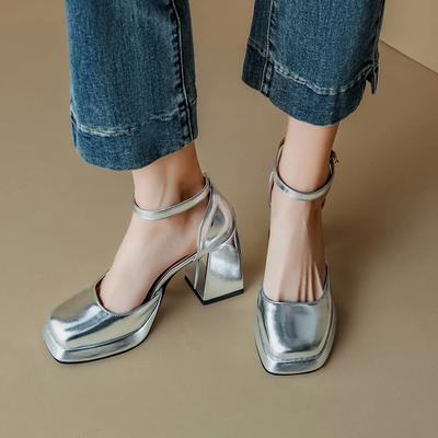Mode 2025 Neue Gold Silber Damen Plateau Pumps Dicke Absätze Mary Jane Schuhe Frau Quadratische Zehenpartie Schuhe mit hohen Absätzen Damen Spiegelpumps